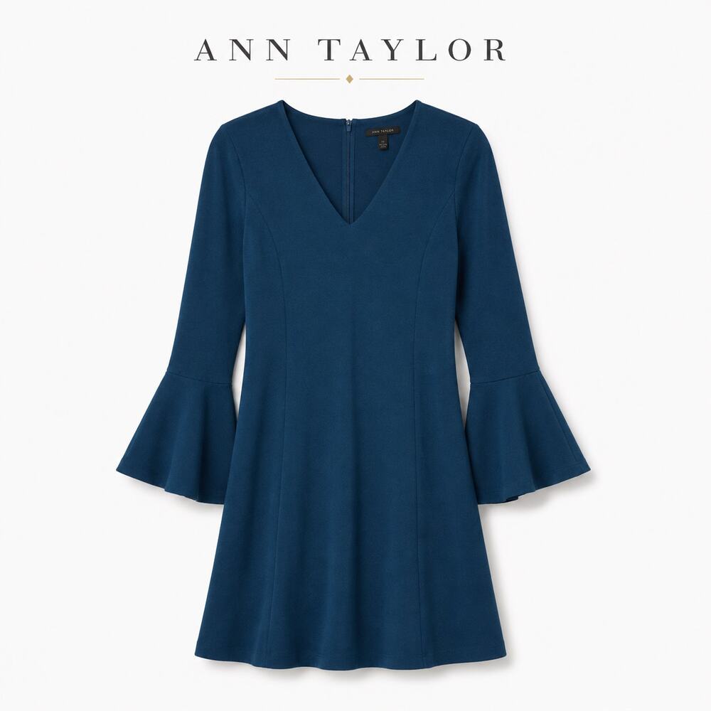 Ann Taylor Tall Bell Sleeve Dress NWT Small Blue V Neck Flare Career Dress